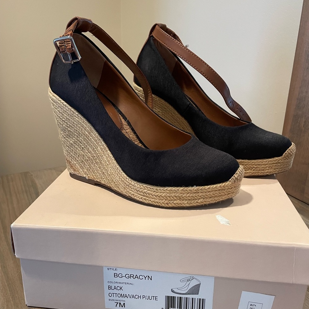 BCBG Black Wedge Sandals with Ankle Strap and Woven Heel